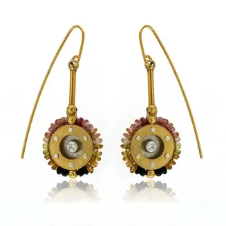 EARRINGS STERLING SILVER GOLD PLATED GOLD CIRCLE W/TOURMALINES AND CZ, THREADER WIRE, 1 3/4"