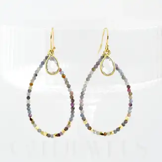 Handmade Natural MULTI COLOR SAPPHIRES Stone Beaded Drop and Clear quartz Earrings (58mmX28mm)