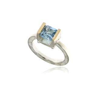 RING SILVER 14K GOLD 7x7mm AQUA BLUE CREATED SPINEL TENSION SET, MOSAIC MATTE FINISH