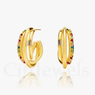 925 Silver With 14K Gold Vermeil Triple bar Multicolor Cz hoop Earrings. small