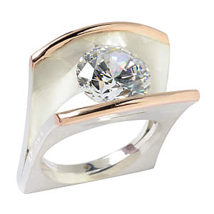 Sterling Silver and 14K Gold Wedge Design Ring w/10mm CZ