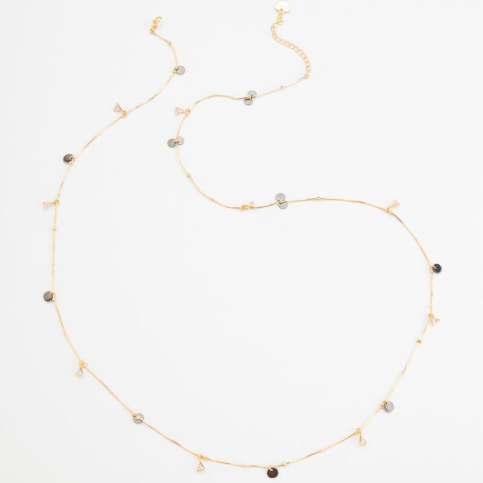 delicate necklace with trillion cut cz's and gold discs
