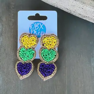 Mardi Gras Triple Hearts Seed Beaded Dangle Earring